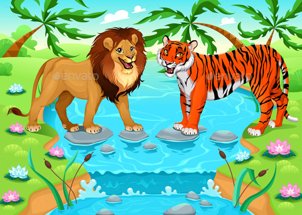 Lion and Tiger Together in the Jungle - Animals Characters