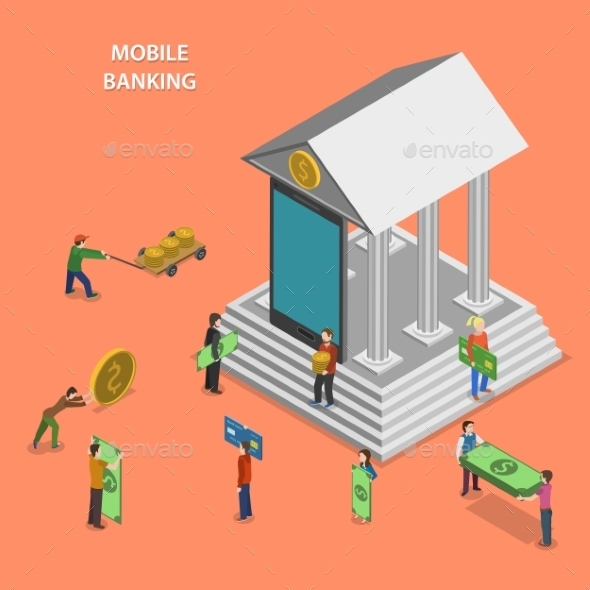 Mobile Banking Flat Isometric Concept - Industries Business