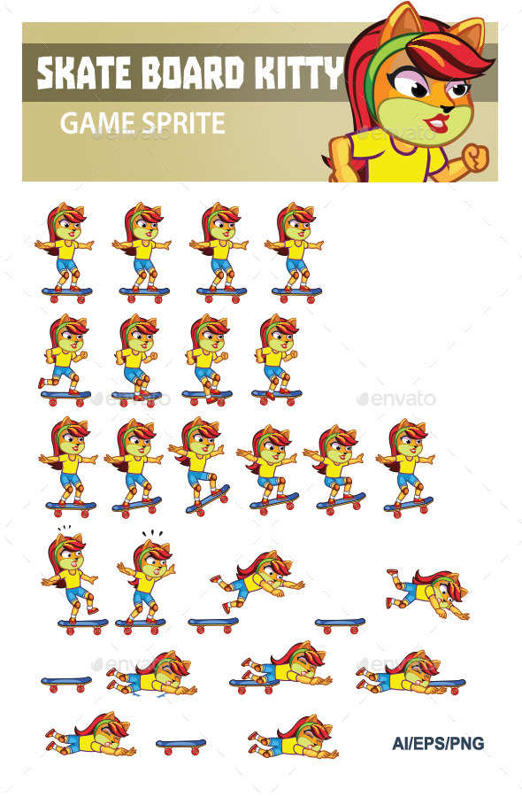 Kitty Skate Board Game Sprite - Sprites Game Assets
