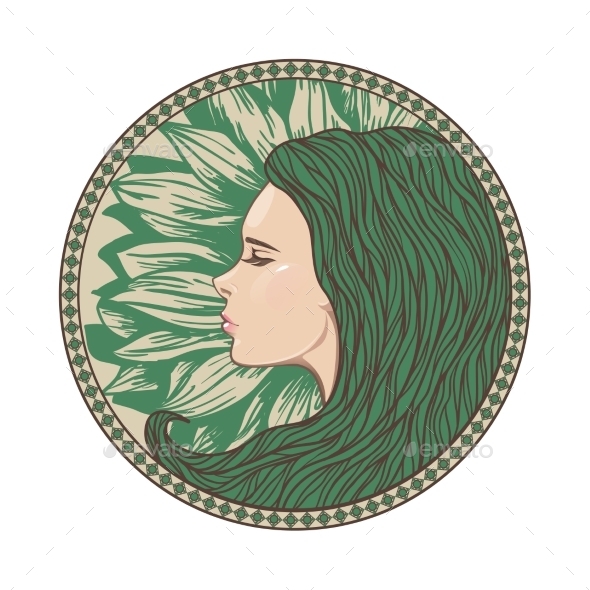 Vintage Girl Portrait in Ornate Circle Frame - People Characters