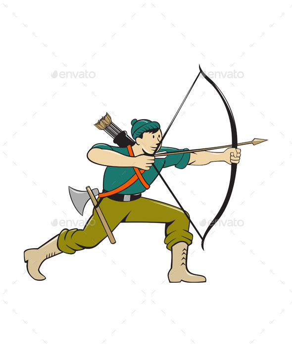 Archer Aiming Long Bow Arrow Cartoon - Sports/Activity Conceptual