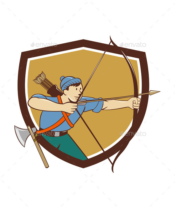 Archer Aiming Long Bow Arrow Cartoon Crest - Sports/Activity Conceptual