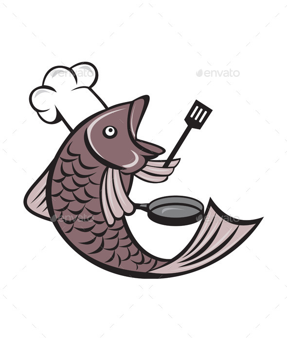 Fish Chef Holding Spatula and Frying Pan Cartoon - Animals Characters