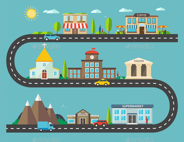 Urban Landscape in Flat Design - Buildings Objects