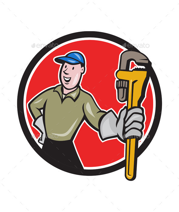 Plumber Presenting Monkey Wrench Circle Cartoon - People Characters