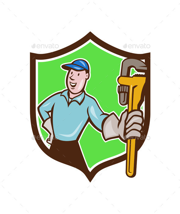 Plumber Presenting Monkey Wrench Shield Cartoon - People Characters