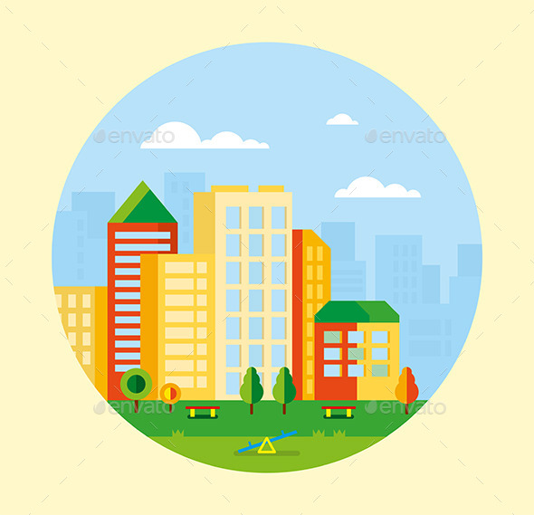 City Landscape with Playground - Buildings Objects
