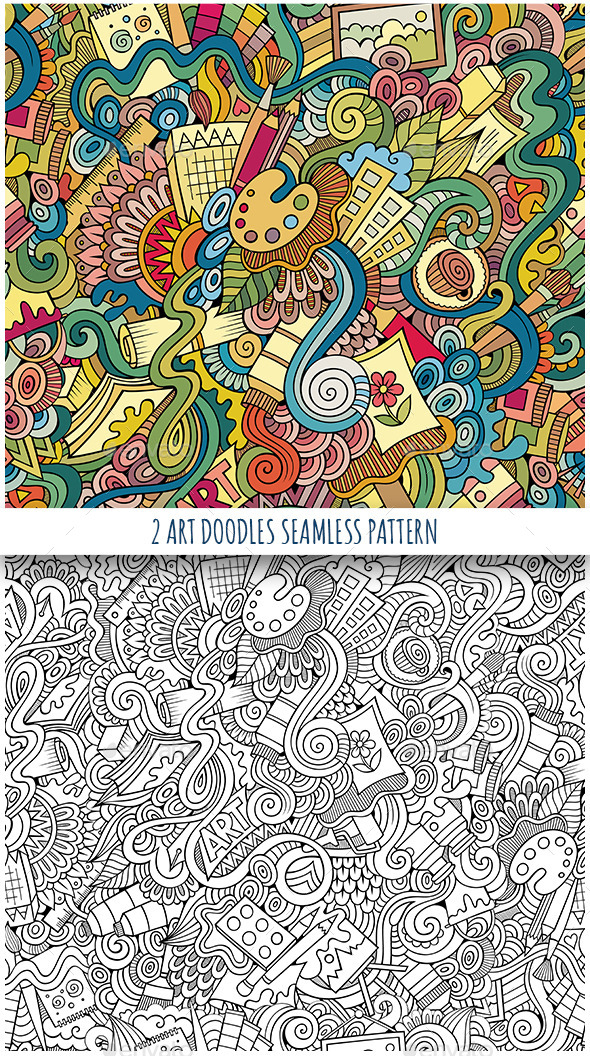 2 Art Doodles Seamless Pattern - Decorative Vectors