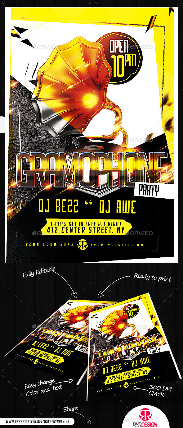 Gramophone Music Party Flye PSD - Clubs & Parties Events