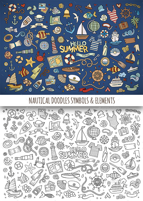 Hand Drawn Nautical Doodles Symbols - Travel Conceptual