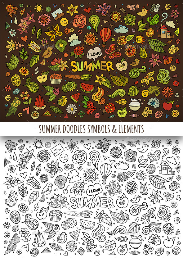 Hand Drawn Summer Nature Doodles Symbols - Seasons/Holidays Conceptual