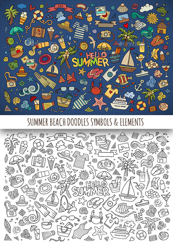Hand Drawn Summer Beach Doodles Symbols - Seasons/Holidays Conceptual