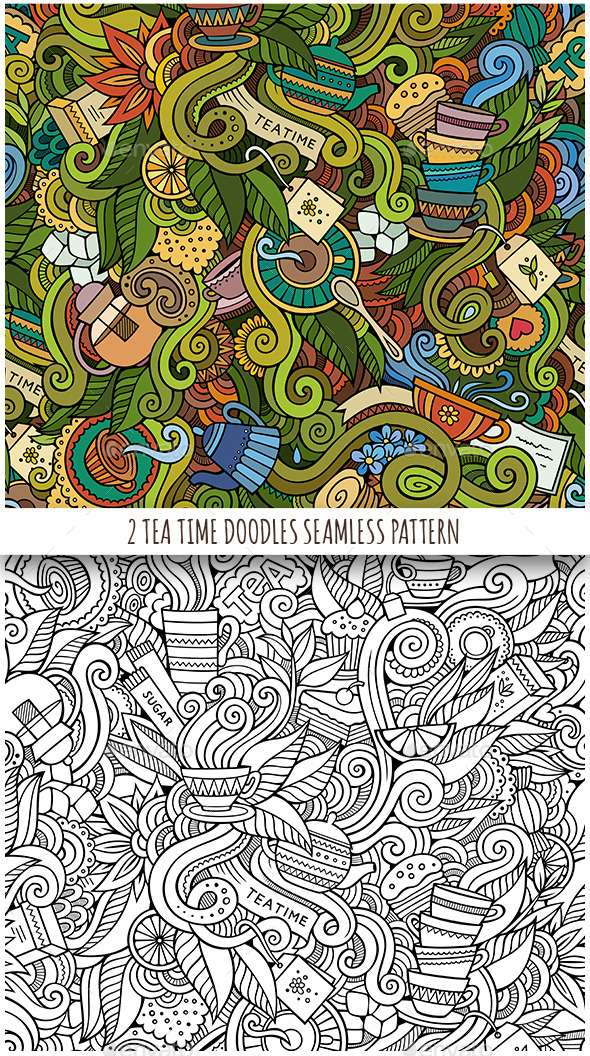2 Tea Doodles Seamless Pattern - Food Objects