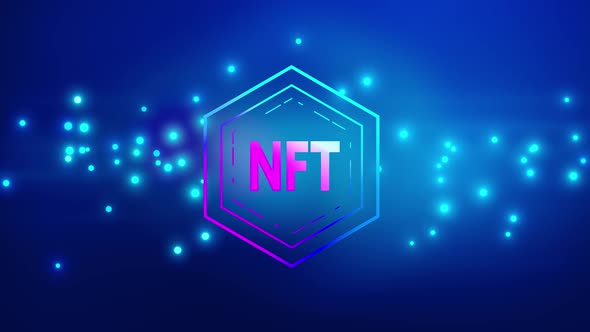concept showing of nft or non fungible token for digital art with blinking and glowing particles alt