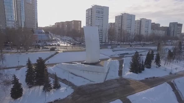 Aerial Panoramic Shot of Landmark Monument Ladya in Samara City, Russia in Winter