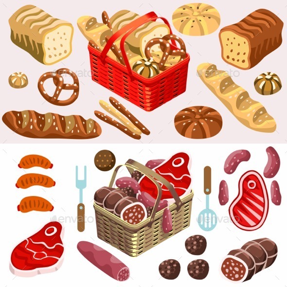Food Set Meat and Bread Isometric - Organic Objects Objects