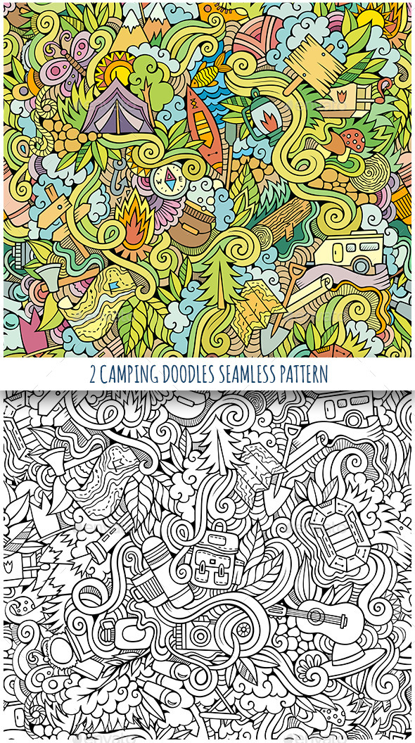 2 Camping Doodles Seamless Patterns - Nature Conceptual
