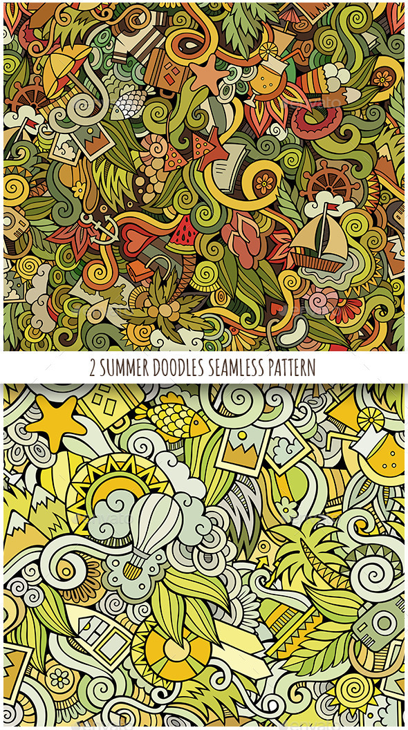 2 Summer Holidays Doodles Seamless Patterns - Seasons Nature
