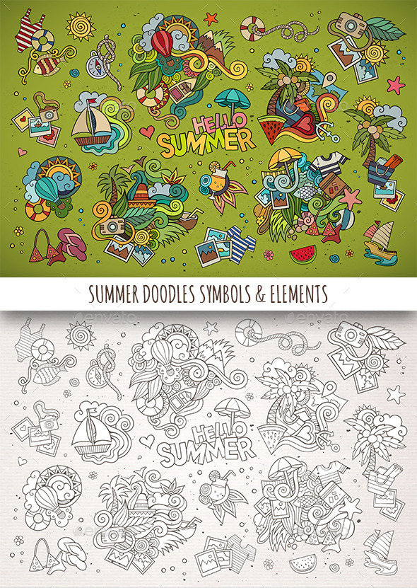 Hand Drawn Summer Doodle Symbols - Seasons Nature