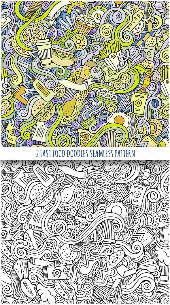 3 Fast Food Doodles Seamless Patterns - Food Objects