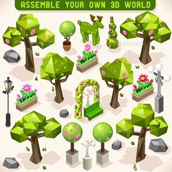 Park Set Lowpoly 3D Isometric - Organic Objects Objects