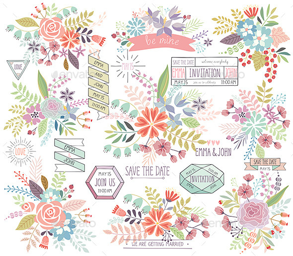 Romantic Floral Hand Drawn Set - Flourishes / Swirls Decorative