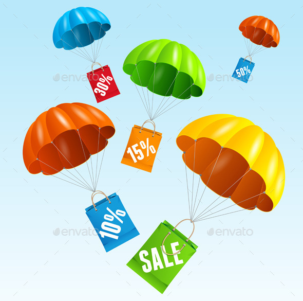 Vector Parachute with Paper Bag Sale in The Sky - Commercial / Shopping Conceptual