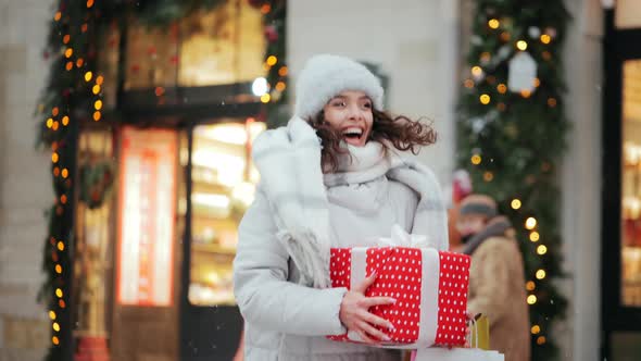 A Woman is Standing in the City Center During a Snowfall alt