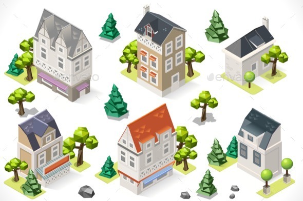 Europe Building Set Tint Cartoon Isometric 3d - Buildings Objects