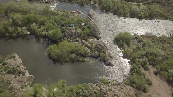 Aerial Rocky Landscape on Southern Bug River with Rapids. Ukraine
