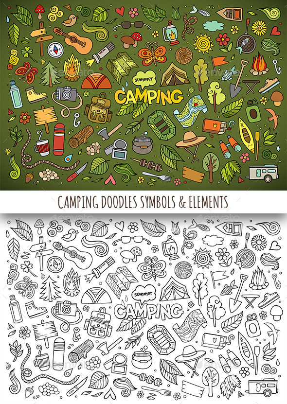 Hand Drawn Camping Doodles Symbols - Travel Conceptual