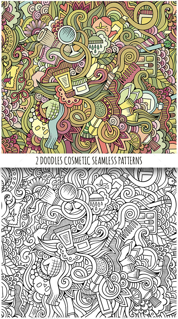 Beauty and Cosmetics Doodles Seamless Patterns - Health/Medicine Conceptual