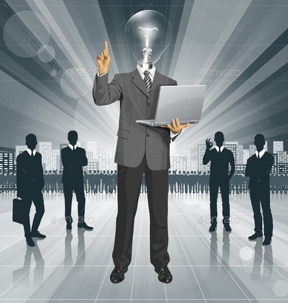 Vector Lamp Head Business Man Shows Something - Concepts Business