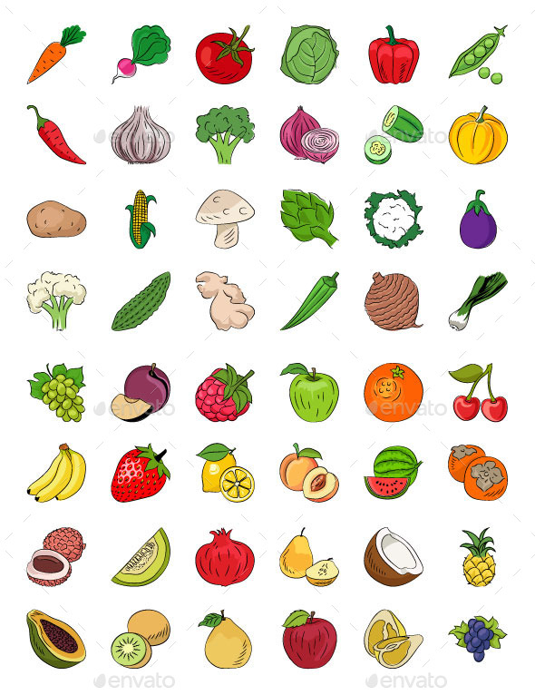 Fruits and Vegetables Sketch Icons by creativestall | GraphicRiver