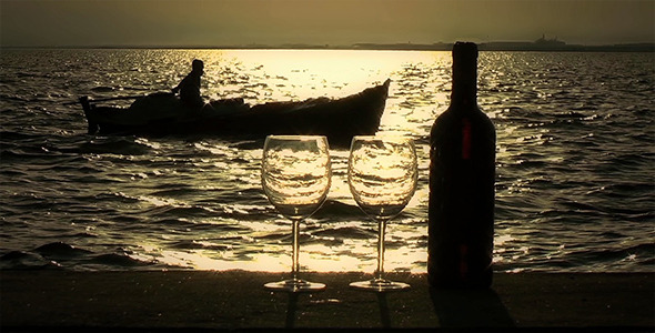 Wine & Glasses and Fishing Boat at Sunset