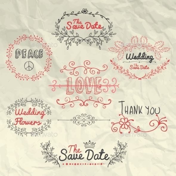 Sketched Design Elements on Crumpled Paper - Flourishes / Swirls Decorative