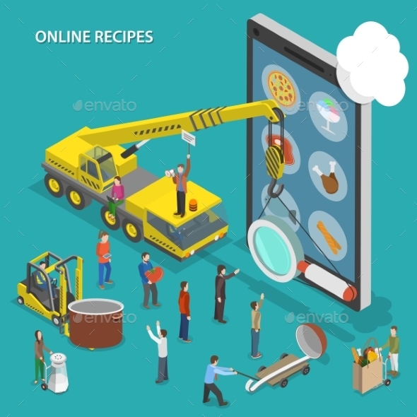 Online Recipes Flat Isometric Concept - Web Technology