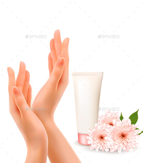 Female Hands With A Cream And Flowers - Commercial / Shopping Conceptual