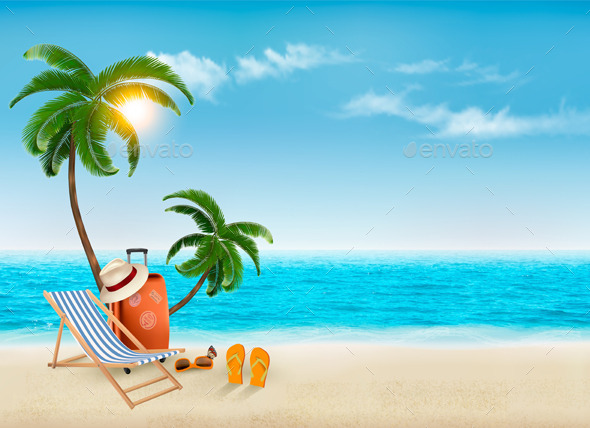 Travel Background With Beach Chair And Palms - Travel Conceptual