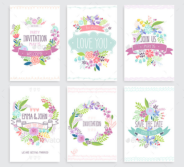 Romantic Floral Hand Drawn Card Set. - Flourishes / Swirls Decorative