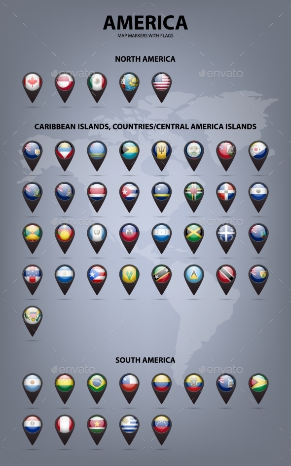 Map Markers With Flags - America. Original Colors - Web Elements Vectors