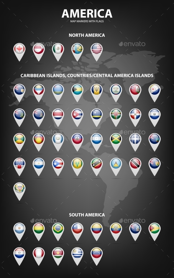 Map Markers With Flags - America. Original Colors - Web Elements Vectors