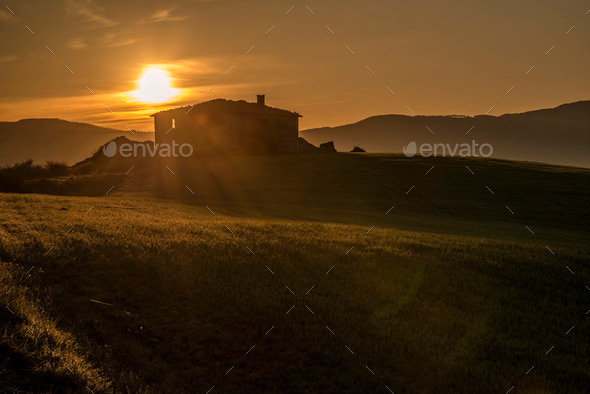 Dramatic Sunrise at Tuscan farmlands - Stock Photo - Images