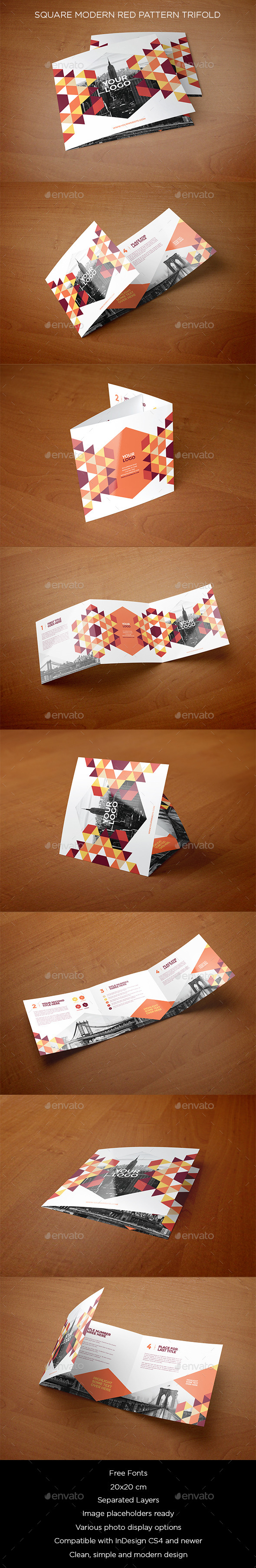 Square Modern Red Pattern Trifold - Brochures Print Templates