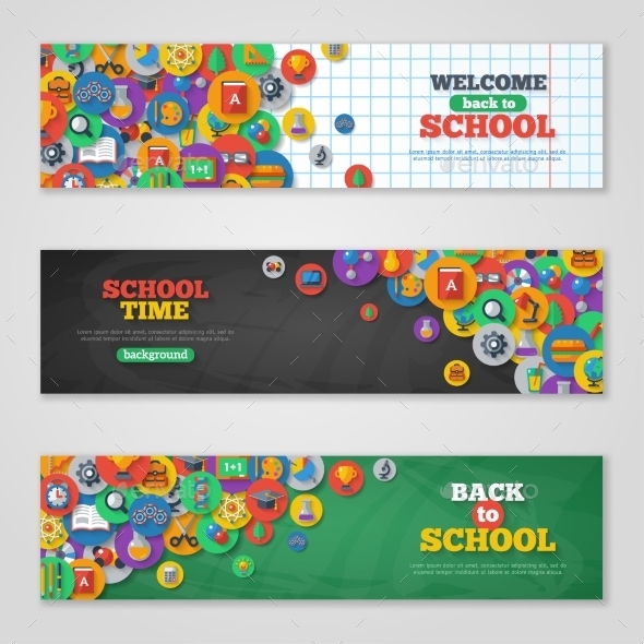 Back To School Banner Set With Flat Icons - Miscellaneous Conceptual