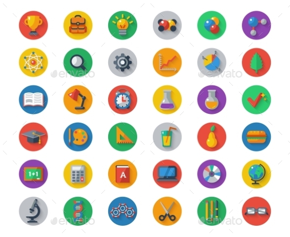 Flat School Icons On Circles With Shadow. Vector - Miscellaneous Conceptual
