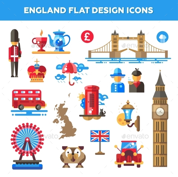 Set Of Flat Design England Travel Icons - Web Elements Vectors