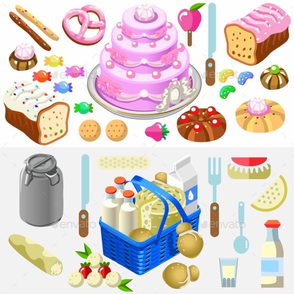 Food Set Candy and Dairy 3D Isometric - Food Objects