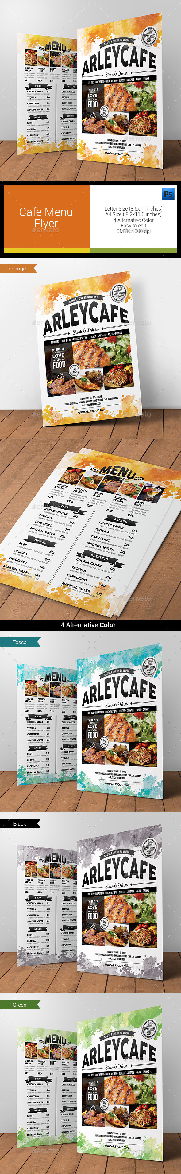 Watercolor Cafe Menu Flyer - Food Menus Print Templates