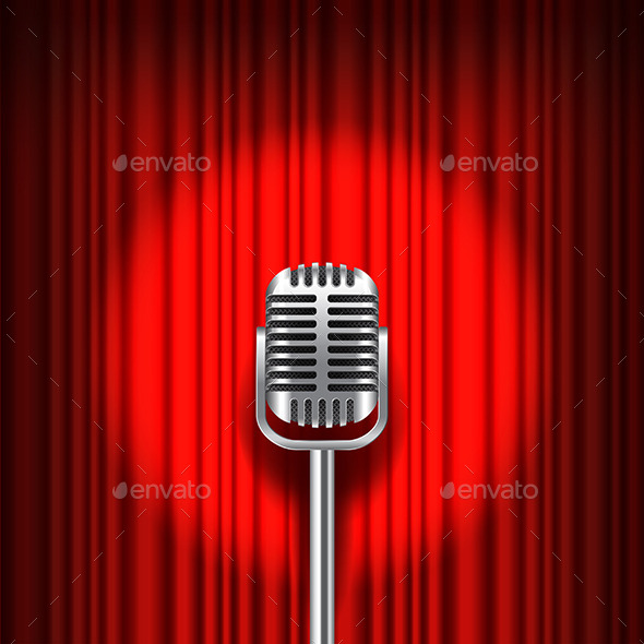Red Curtain and Stage with Microphone Vector - Backgrounds Decorative